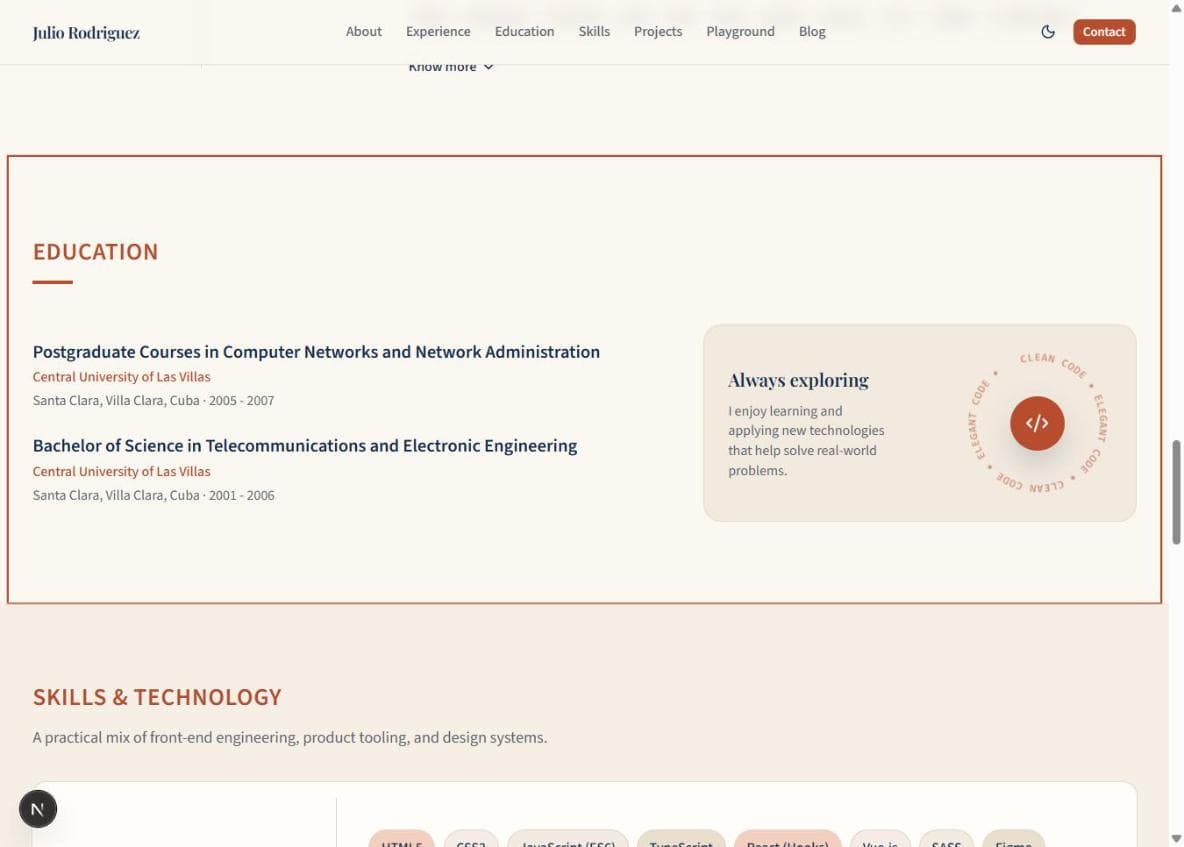 The "Always exploring" badge in the Education section, with text curving around a spinning ring
