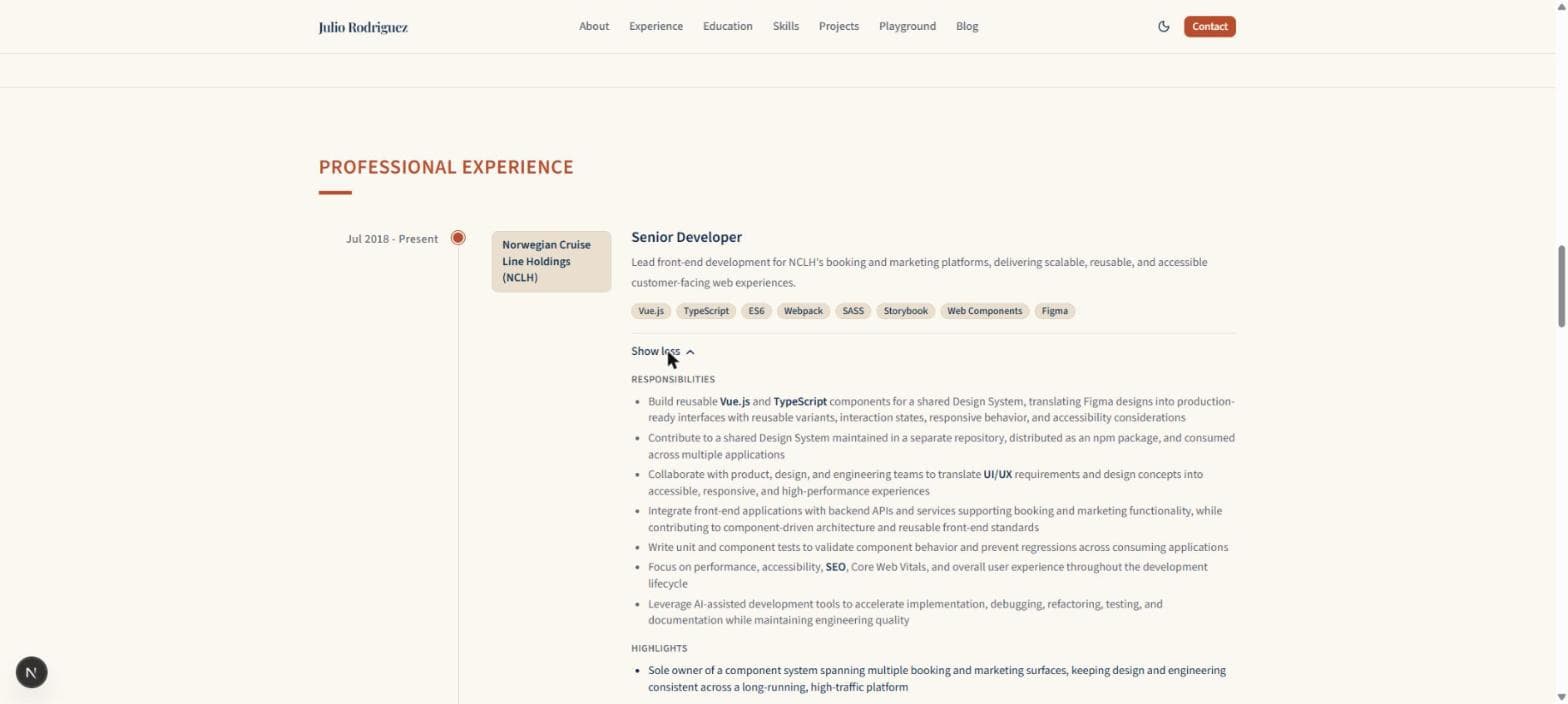 An experience card expanded with "Show less", revealing the full responsibilities and highlights list