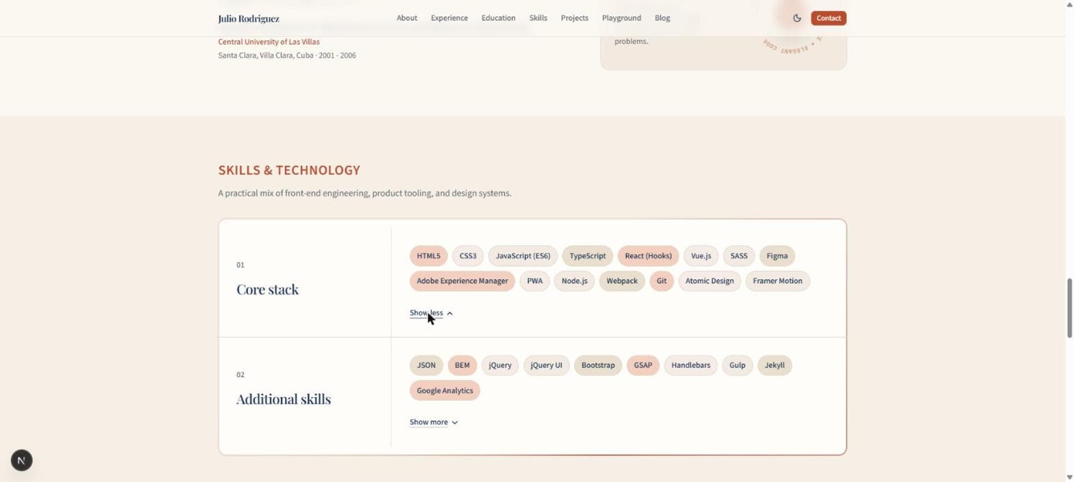 The Skills section with "Core stack" expanded, showing extra badges that faded in below the visible row